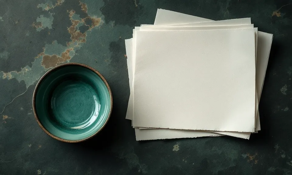 An unmarked folded sheet beside a small green ceramic dish on a dark desk.