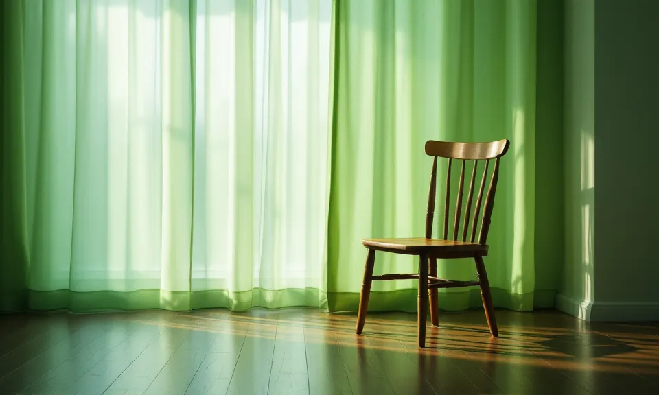 An empty wooden chair by a green curtain with gentle light across the floor.